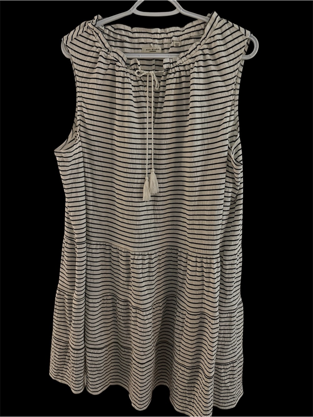 Max Studio Navy & White Striped Sleeveless Tiered Dress with Tassel Tie